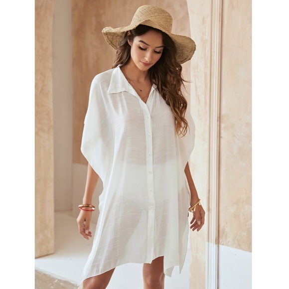 White Beach Coverup Poncho Style Shirt - Picture 7 of 9